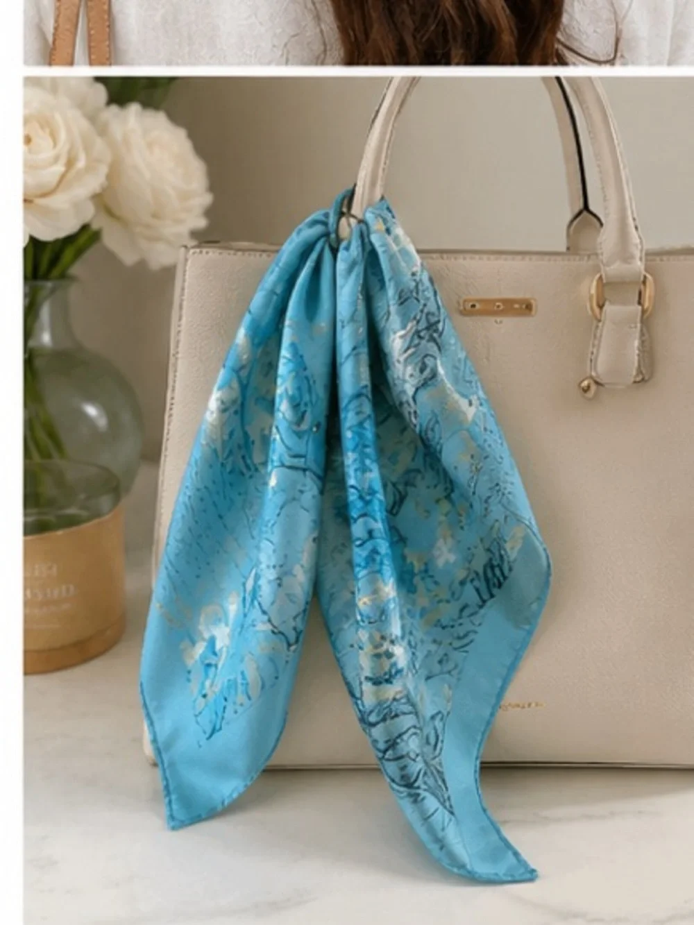 Blue Silk Scarf with Crane and Floral Motif